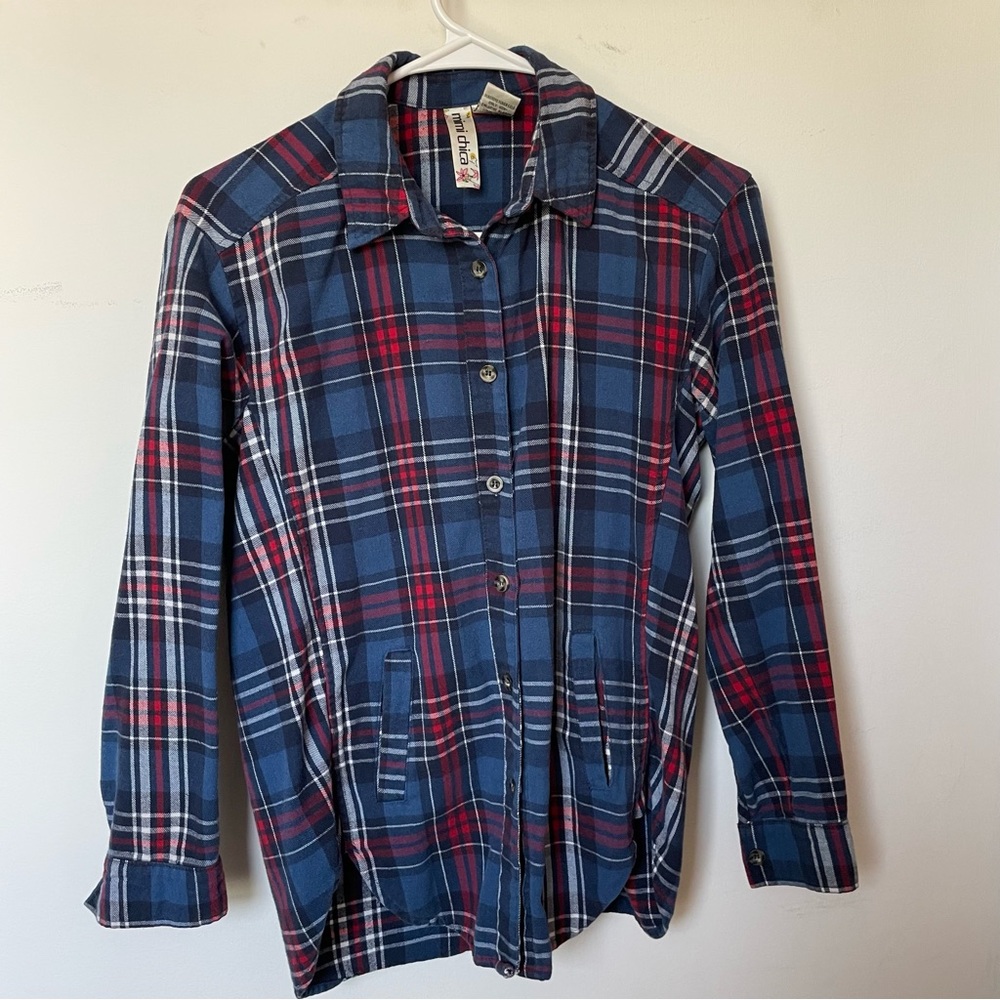 Blue, Red, and White Flannel Button-Up Shirt 🥾
